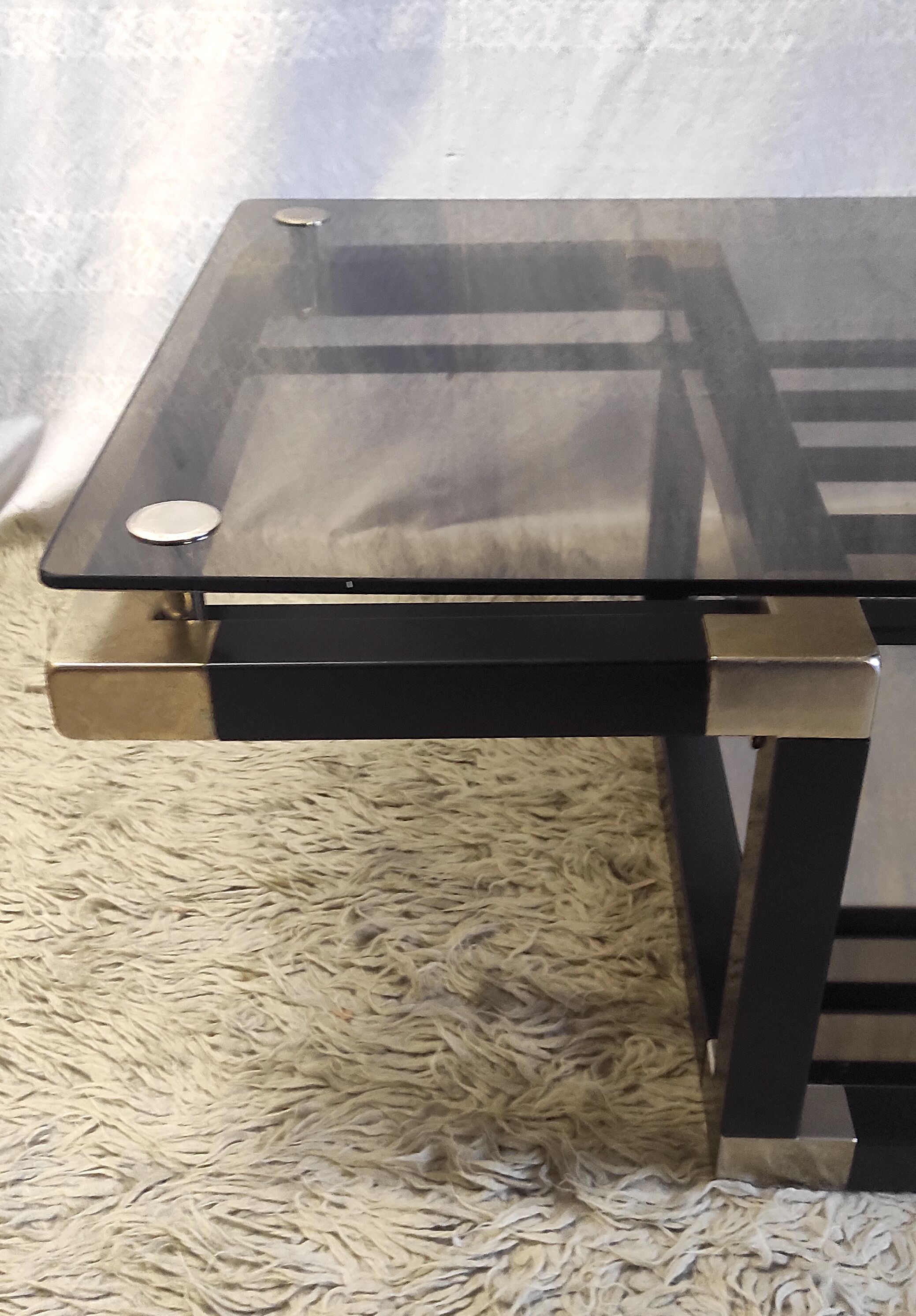 Designer coffee table in metal and smoked glass, 70s-80s