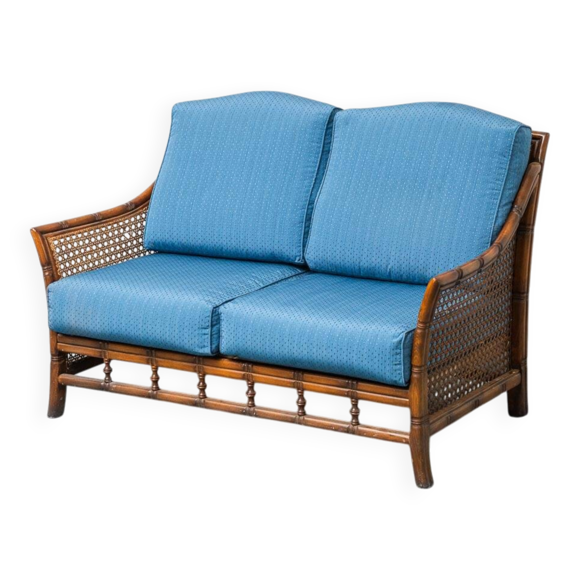 Vintage 2-seater sofa in bamboo and Vienna straw 1960s modernism