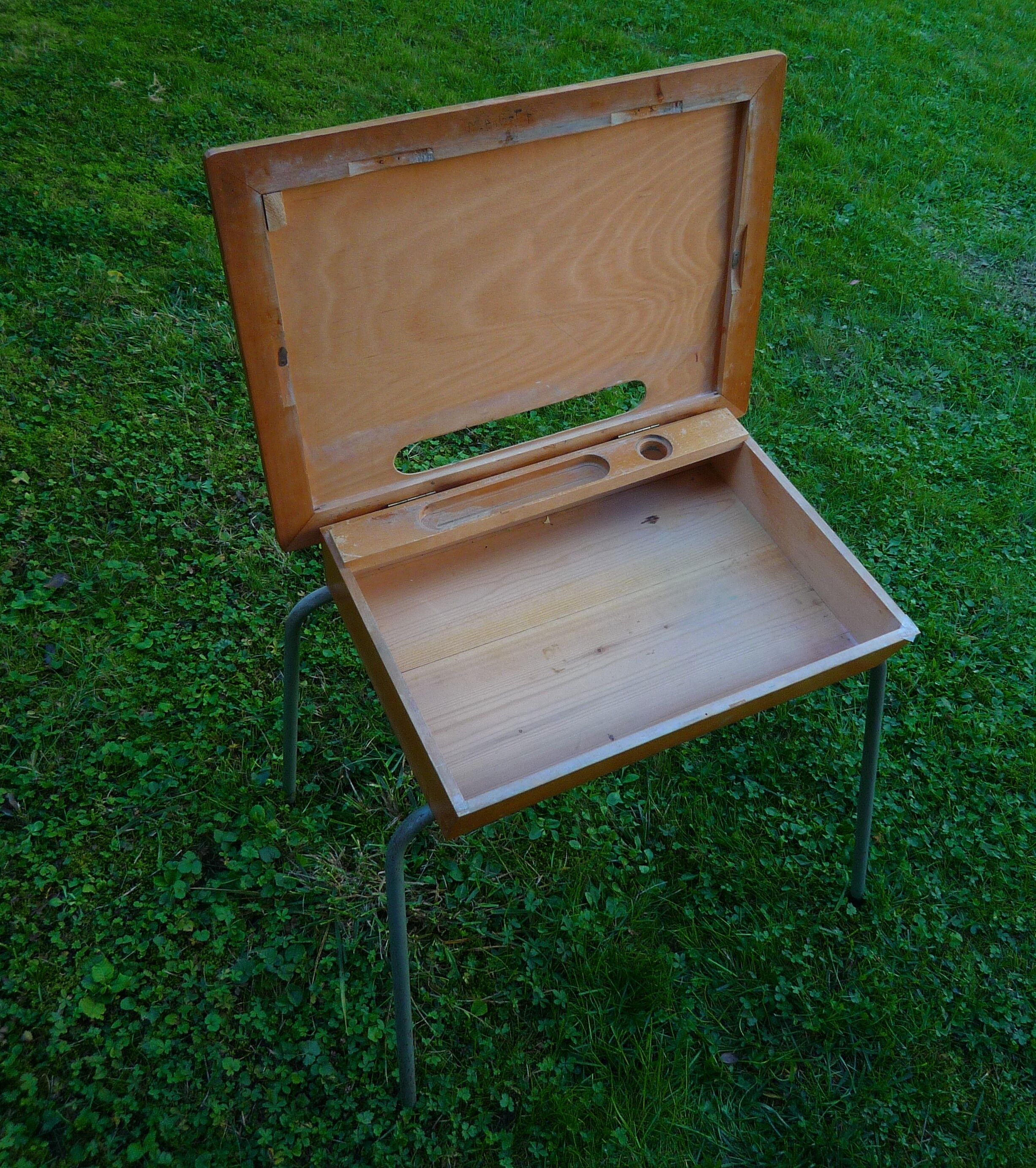 Folding school desk, wood and metal, vintage 50s