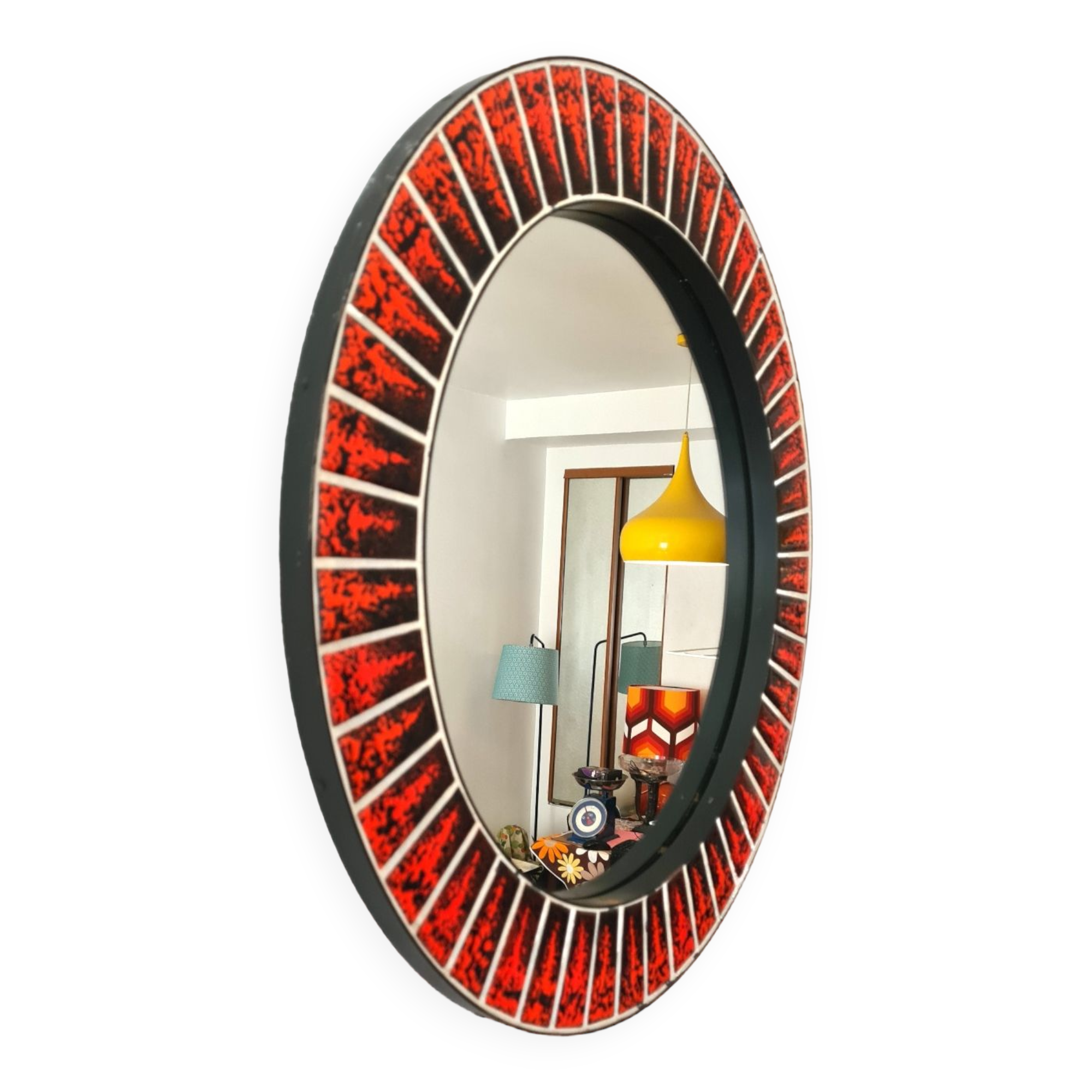 Large round ceramic mirror vintage 70s