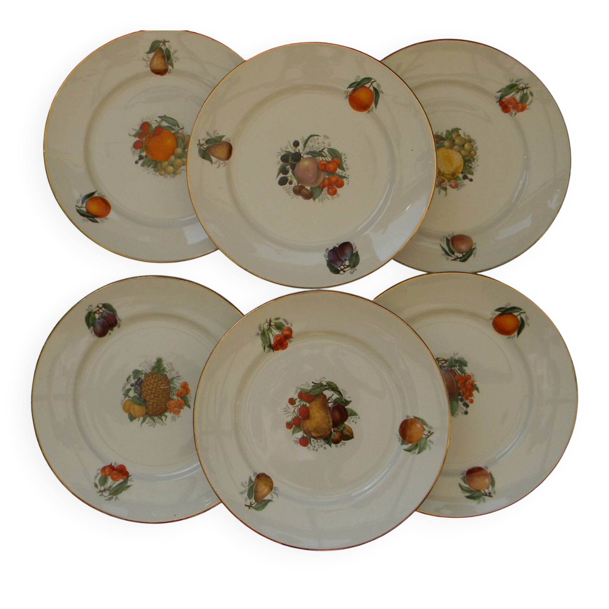 6 flat plates in orchies earthenware. fruit design.