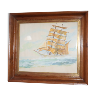Painting , watercolor sailboat in tempete , marine , sea