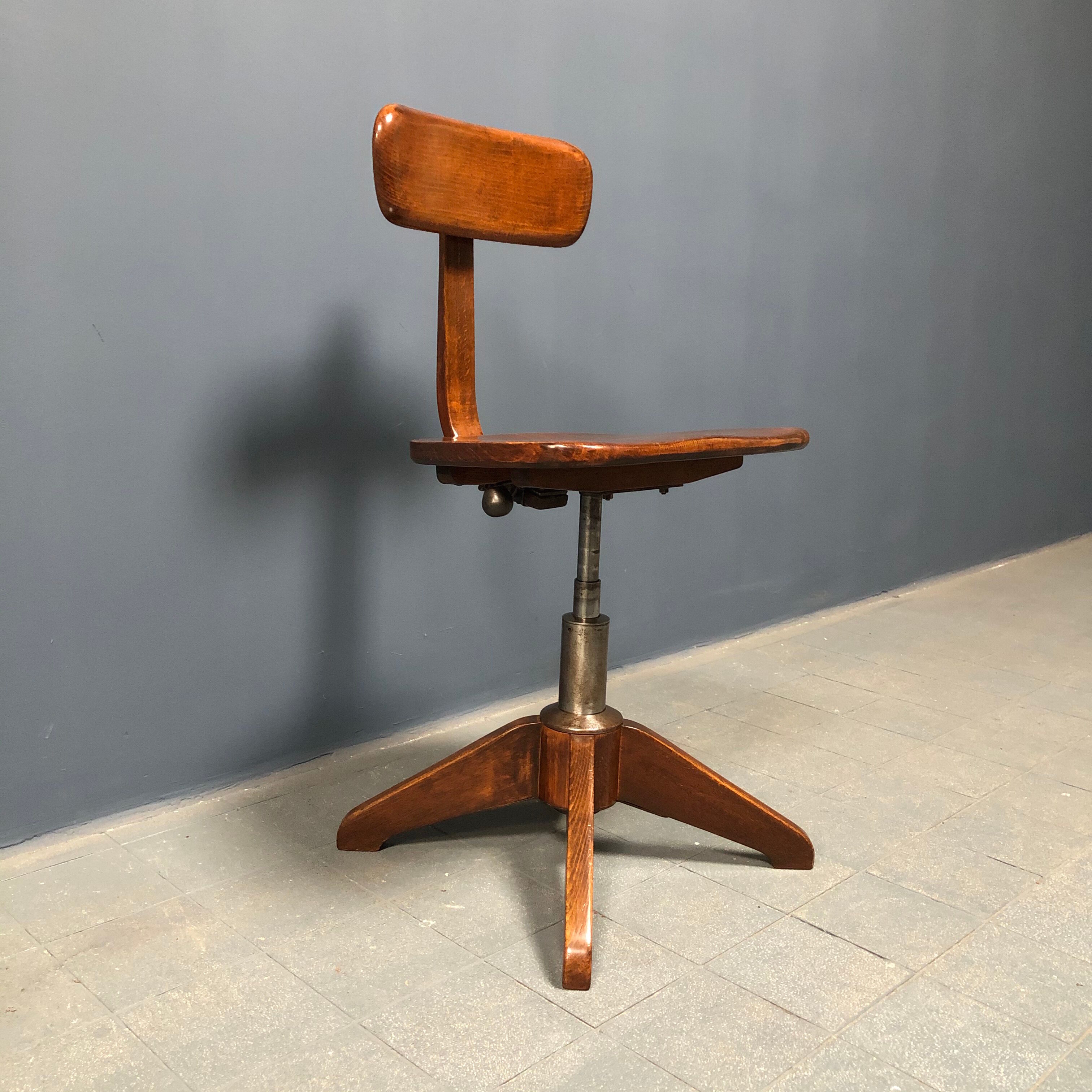 Brown beech wooden Albert Stoll atelier or desk chair from the 1920s