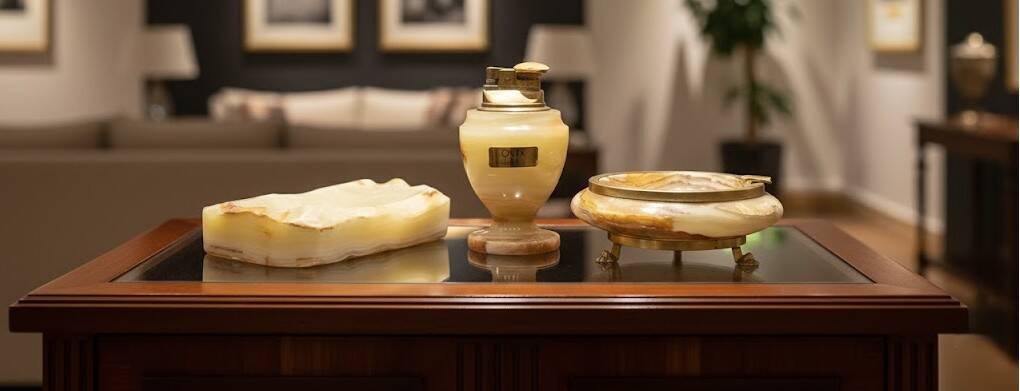 Vintage table lighters + 2 onyx ashtrays – decorative set