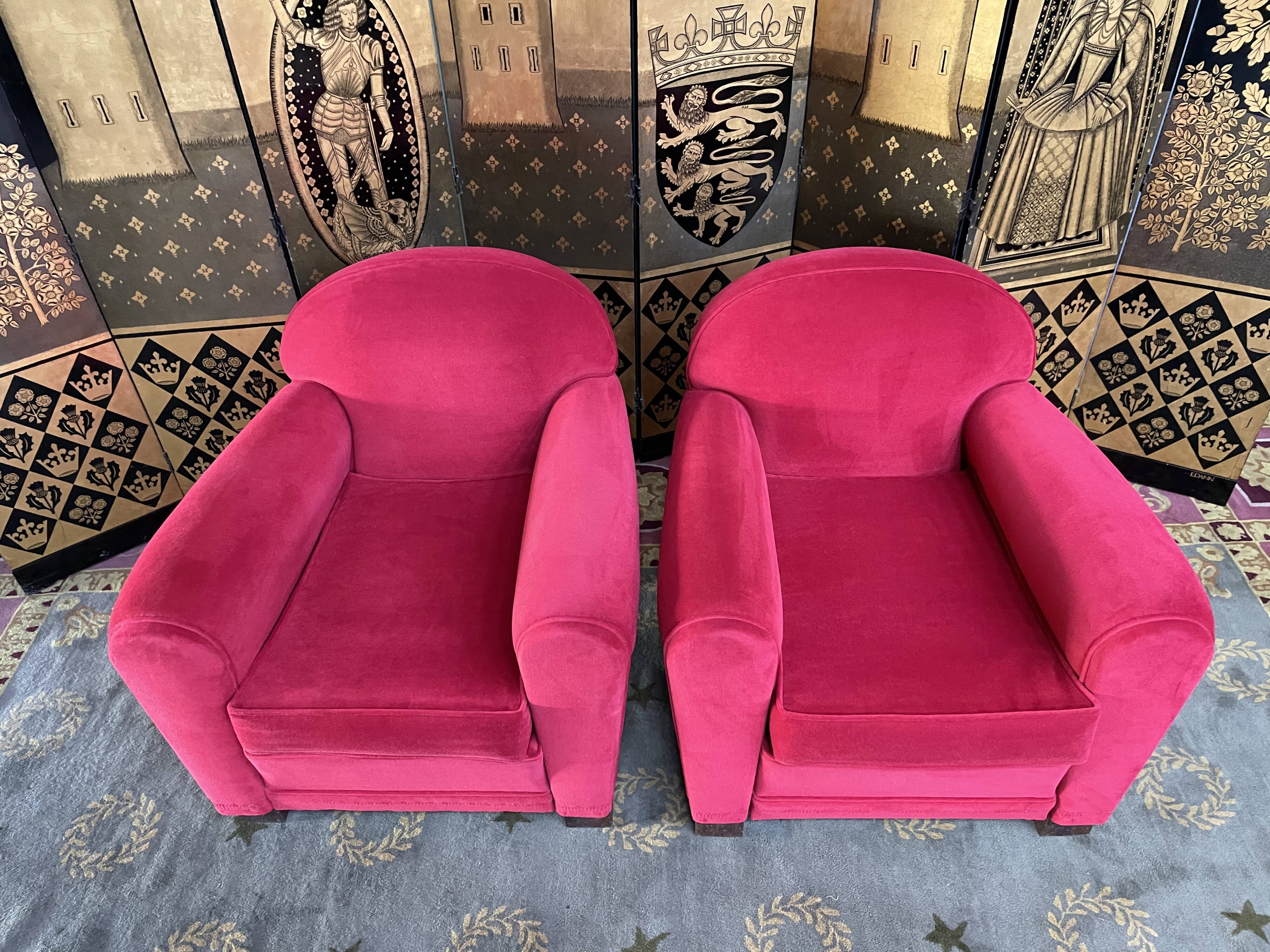 Pair of Red Velvet Art Deco Club Armchairs