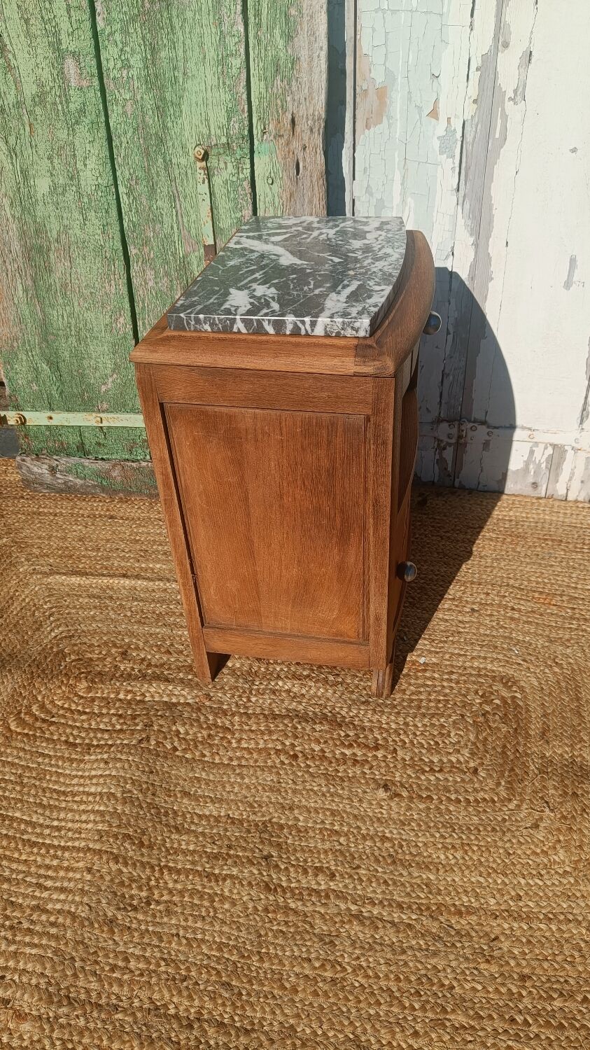 Antique bedside table in solid oak with a marble top.