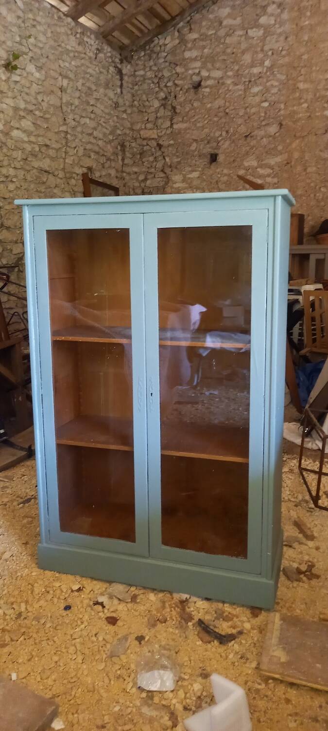 Green patina wooden display cabinet