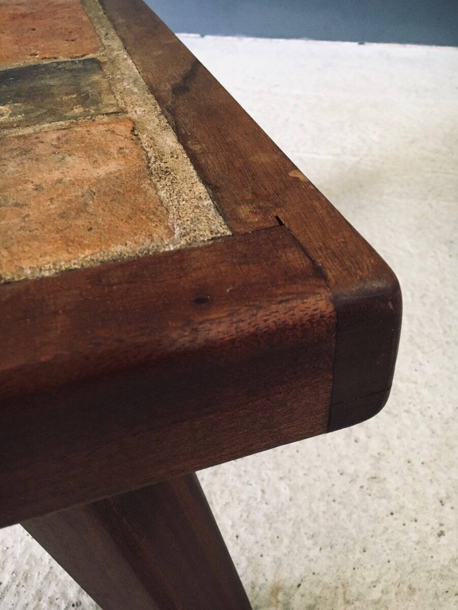 Brutalist Rustic Slate Tile & Oak Coffee Table, Belgium, 1960s