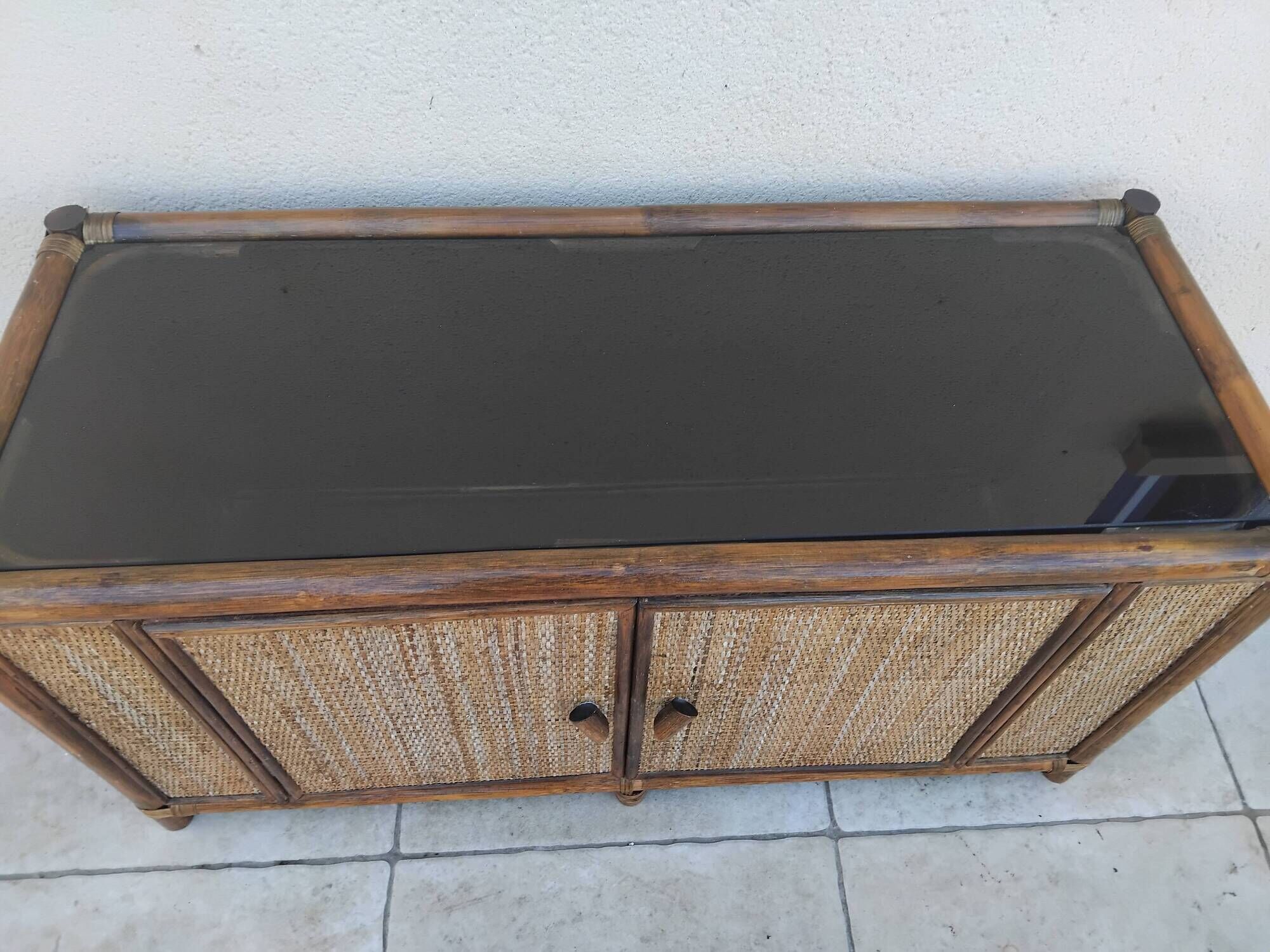 Vintage sideboard TV unit in rattan, bamboo and glass.