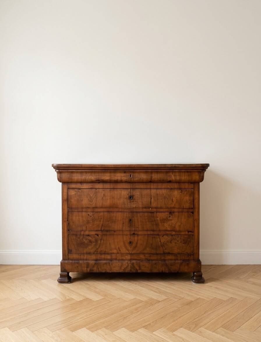 Antique solid wood chest of drawers with drawers and key.