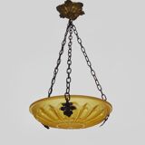 Ancien lustre, suspension vasque Art Déco 1 Feu, en pâte de verre jaune.