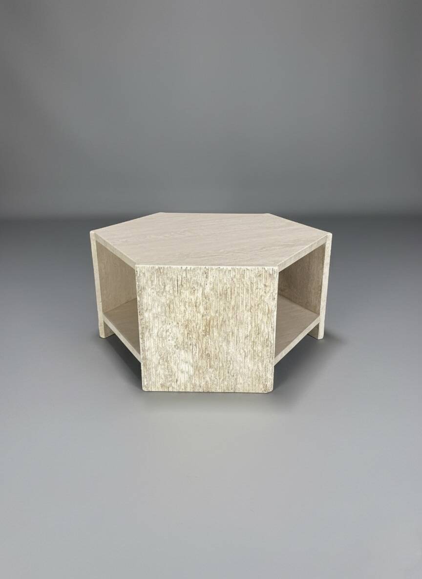 Hexagonal travertine side table by Claude Berraldacci. France.