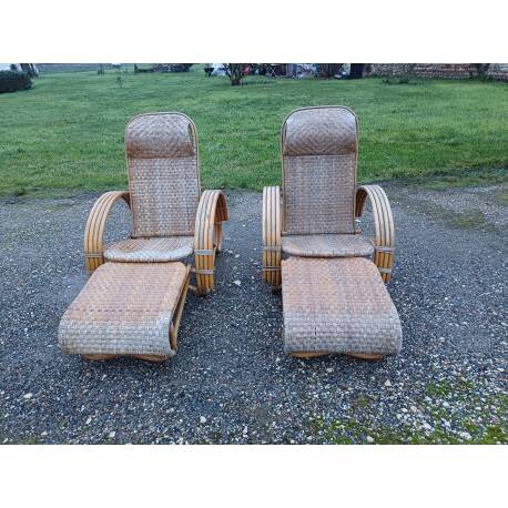 Pair of colonial rattan deck chairs