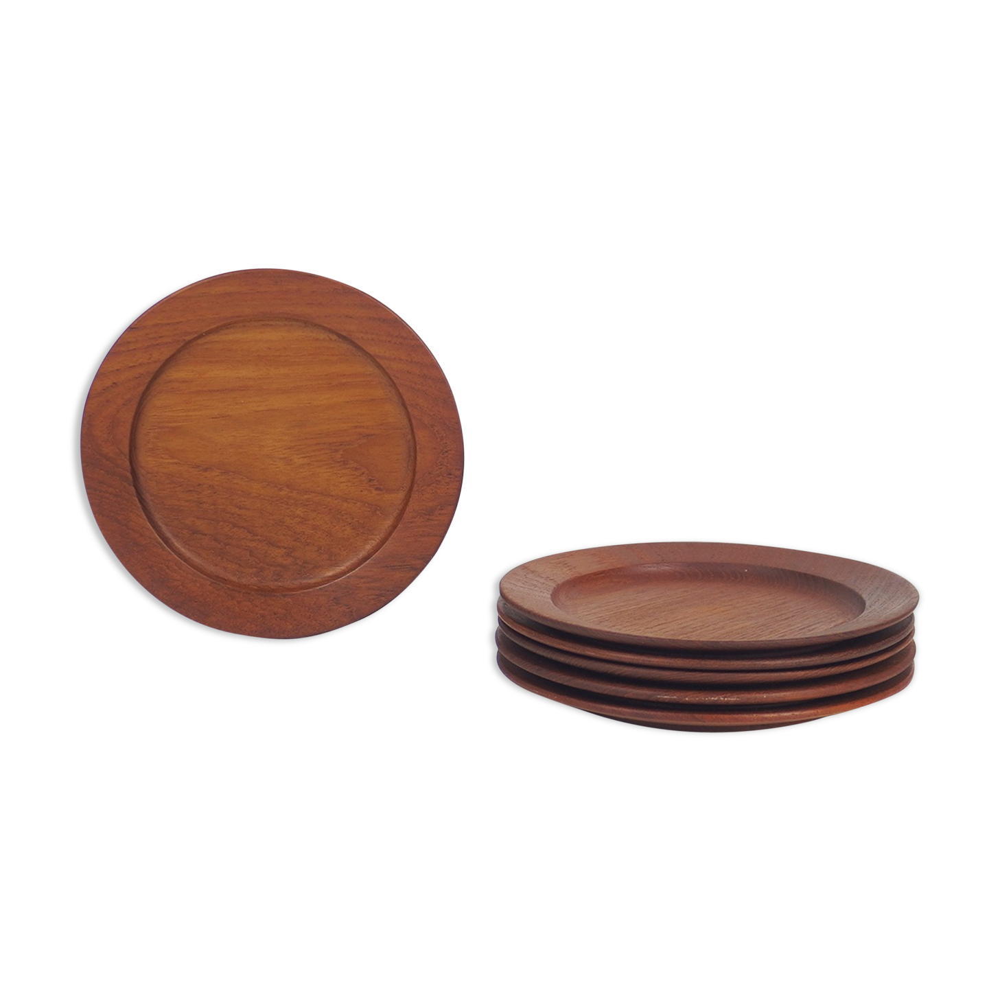 Six Danish teak dessert plates including three marked Kay Bojesen