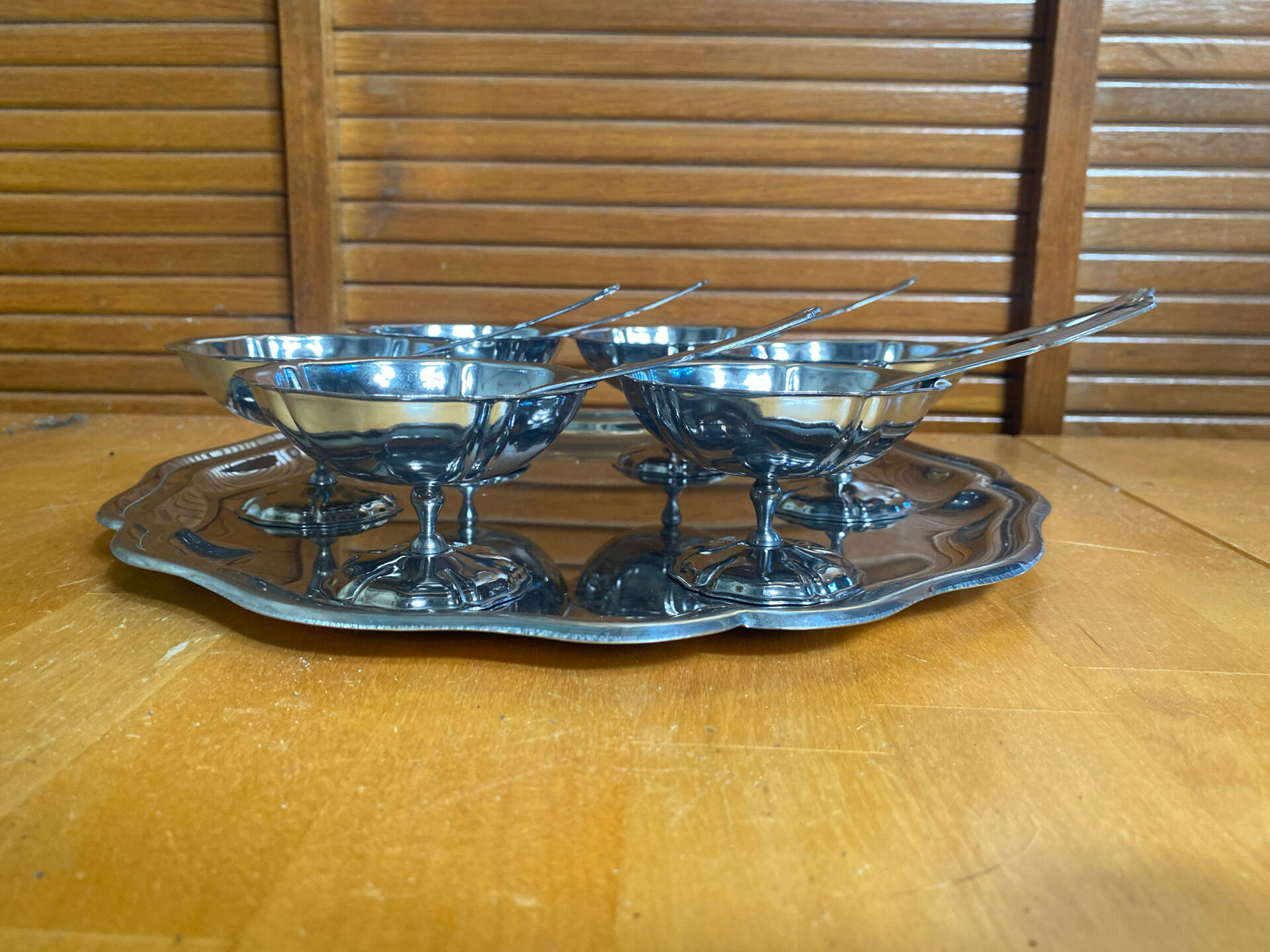 Ice Cream Service GUY DEGRENNE Tray + 6 Bowls + 6 Vintage Spoons