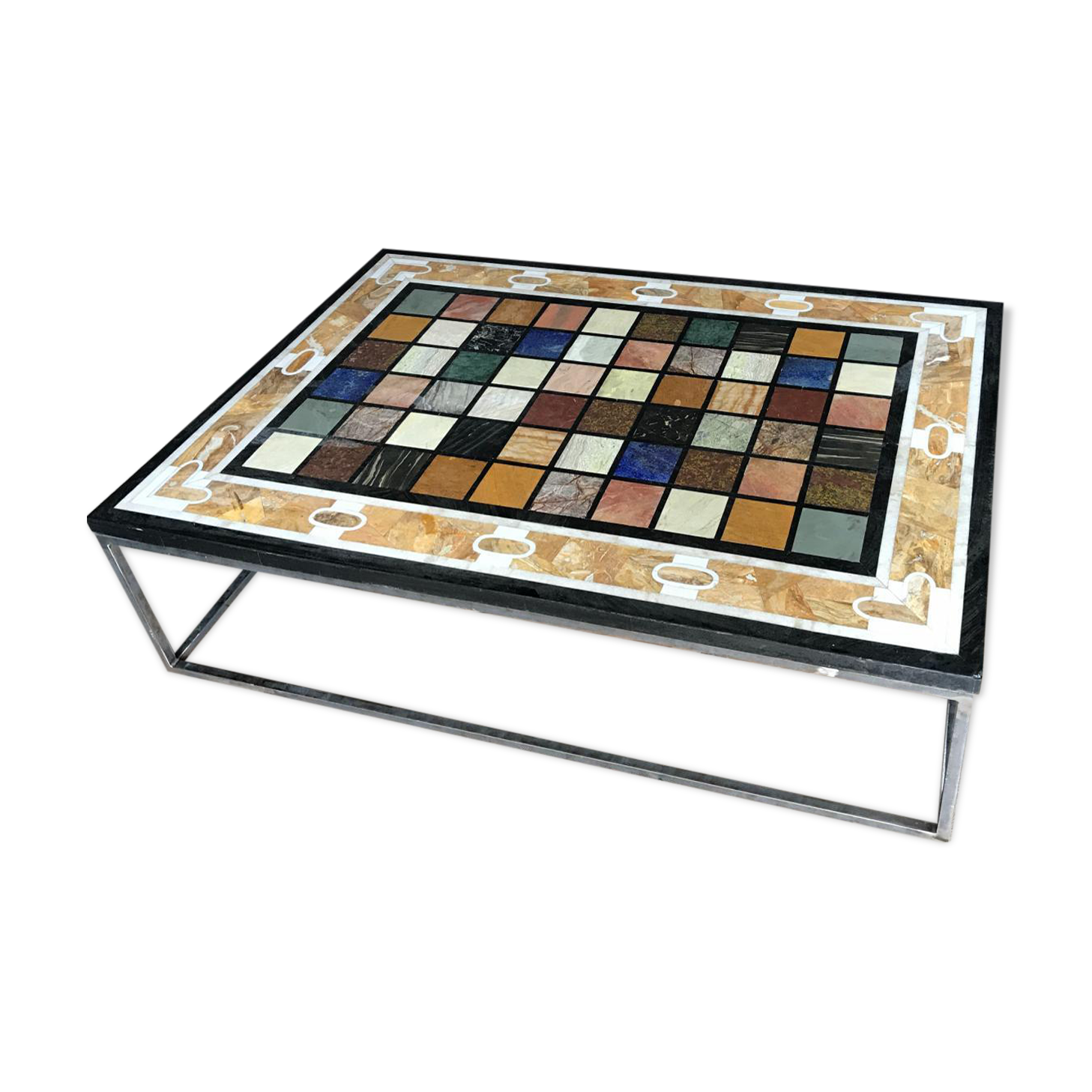 Table basse tablette en marqueterie de marbre et base en métal