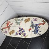 oval coffee table from the 60s, ceramic tray with decoration of flowers and birds