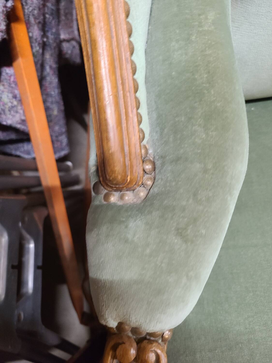 Vintage Louis XV style wing chair, light green velvet