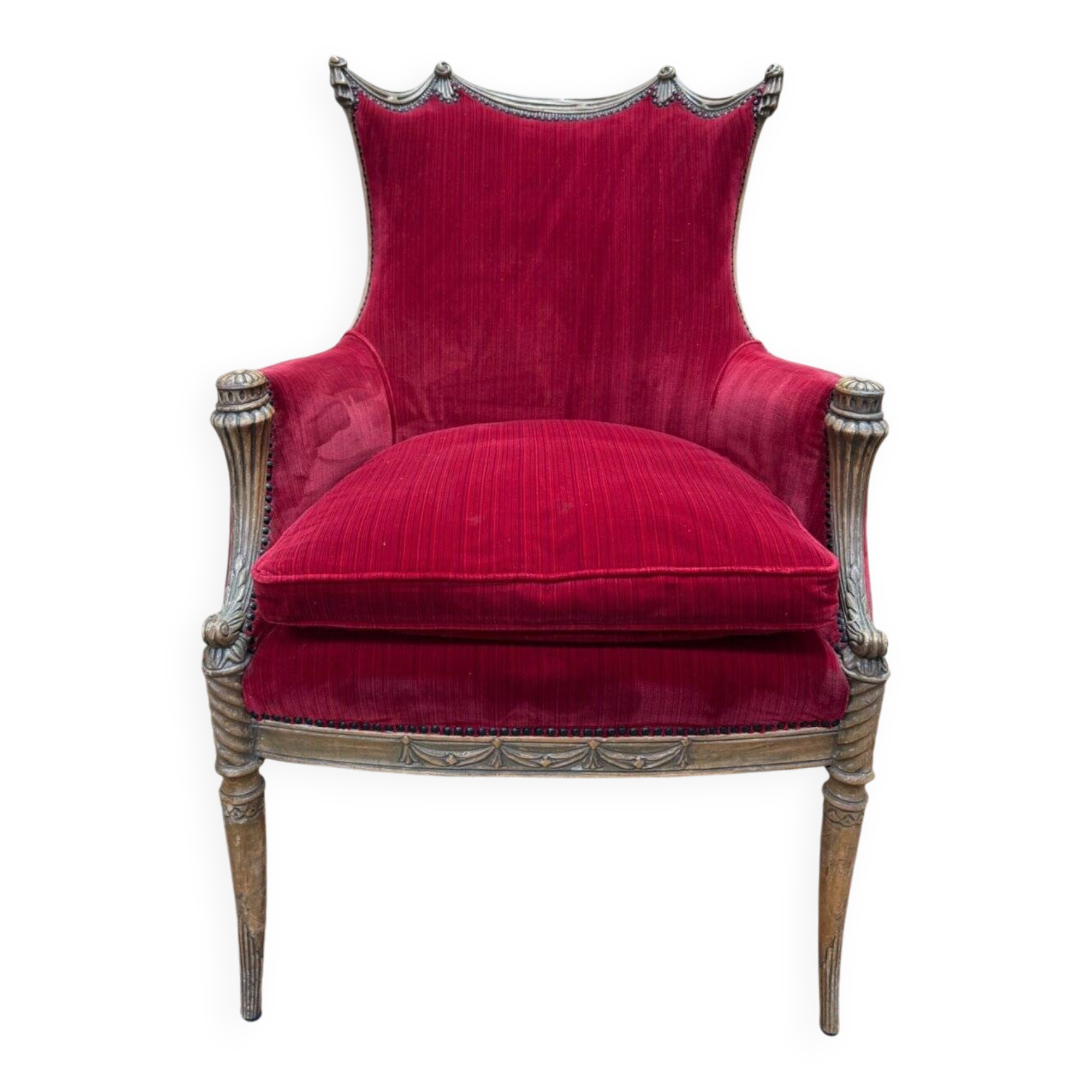 Art Nouveau gondola armchair – Carved wood & red theatre velvet – France