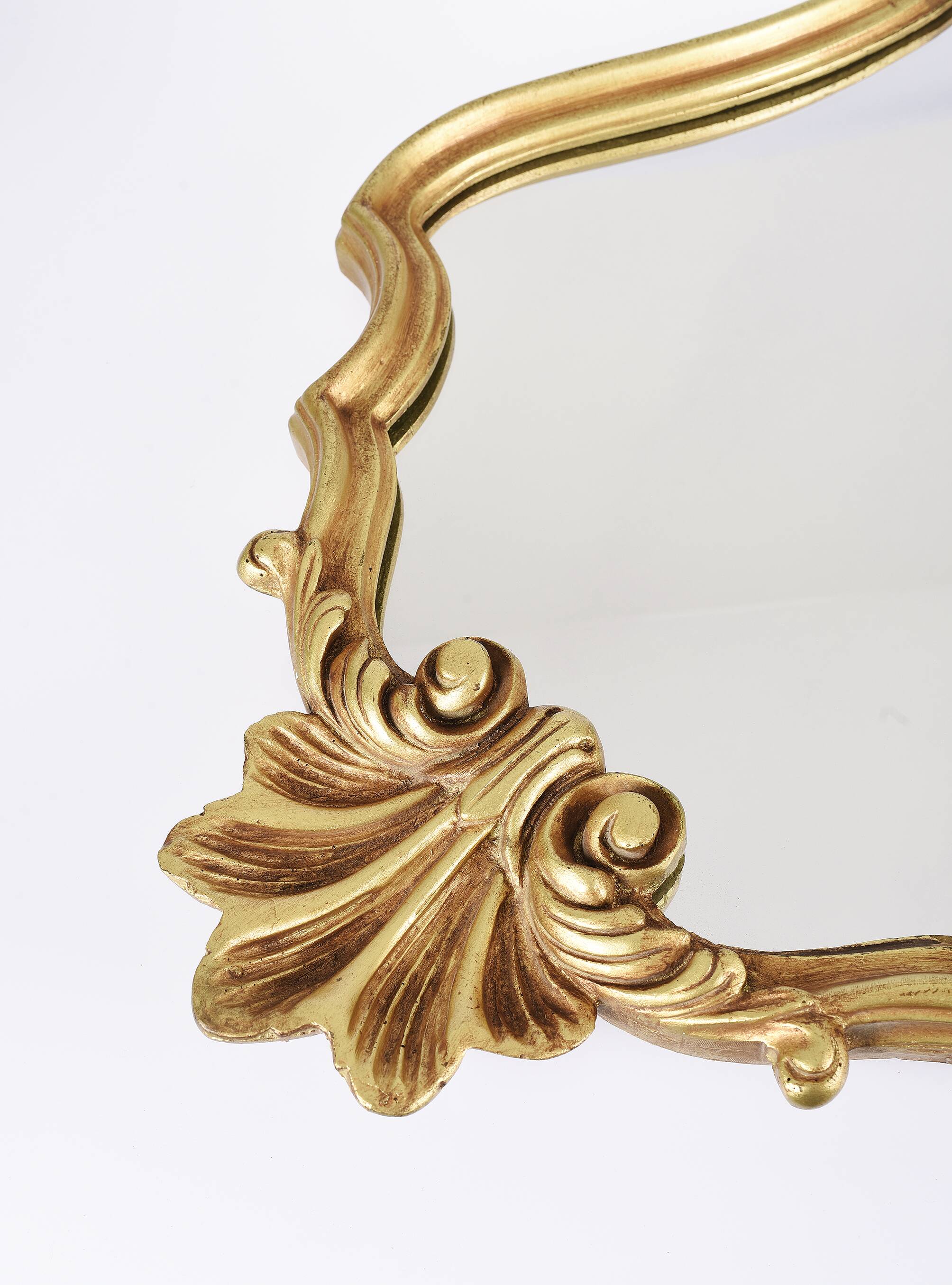 Large old mirror, golden shell, height 70 cm