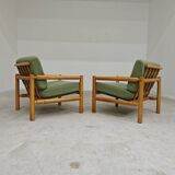 Pair of chalet style armchairs in green fabric