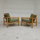 Pair of chalet style armchairs in green fabric