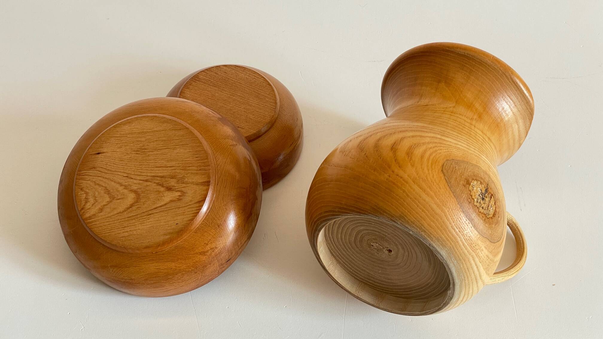 Vintage turned wood pitcher and 2 jars set