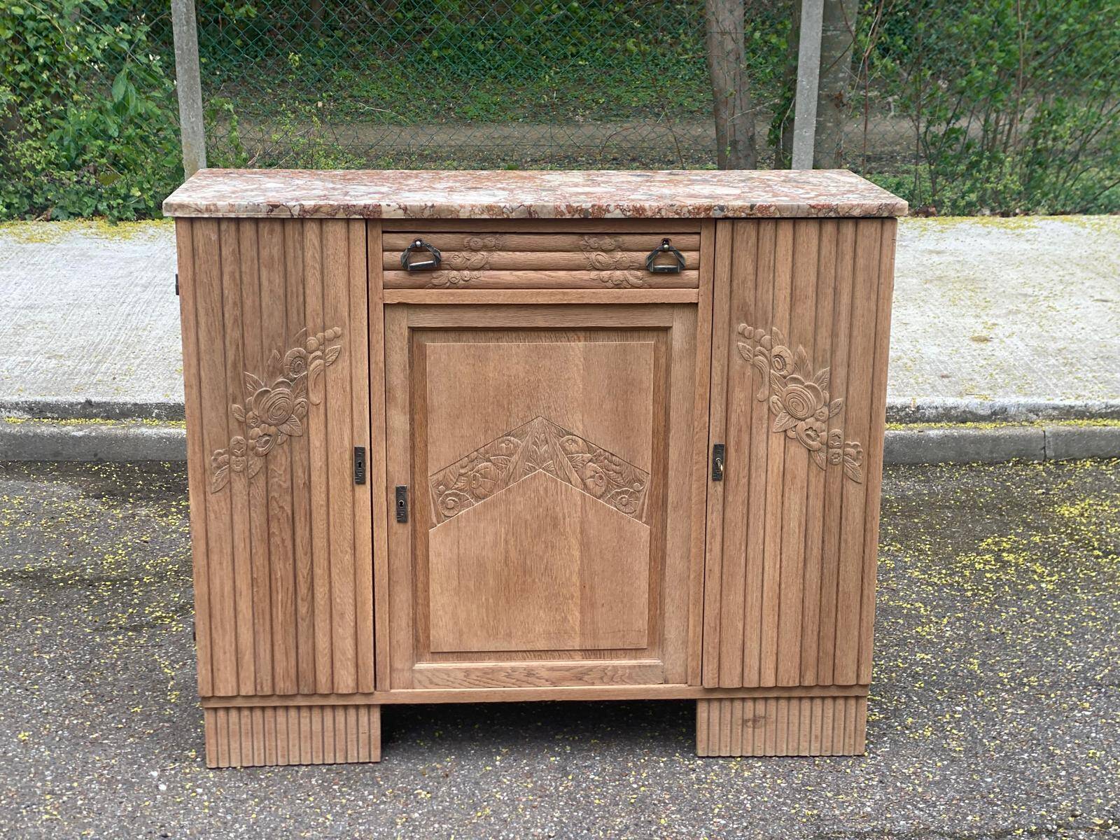 Art Deco vintage Parisian buffet renovated in solid wood and pink marble 123cm