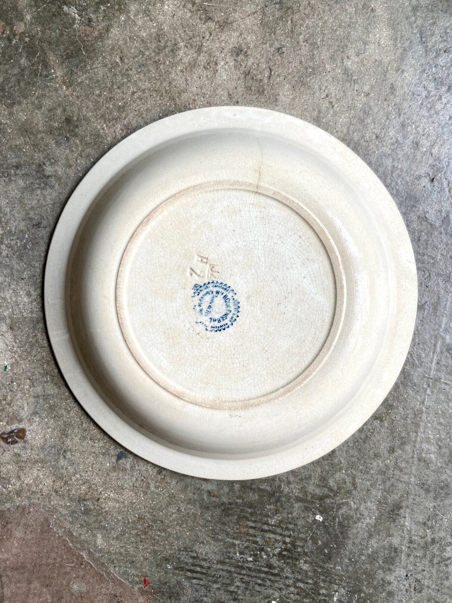 Round and hollow dish Boulenger & Cie in white and blue enamelled iron earth, "Wild rose" service