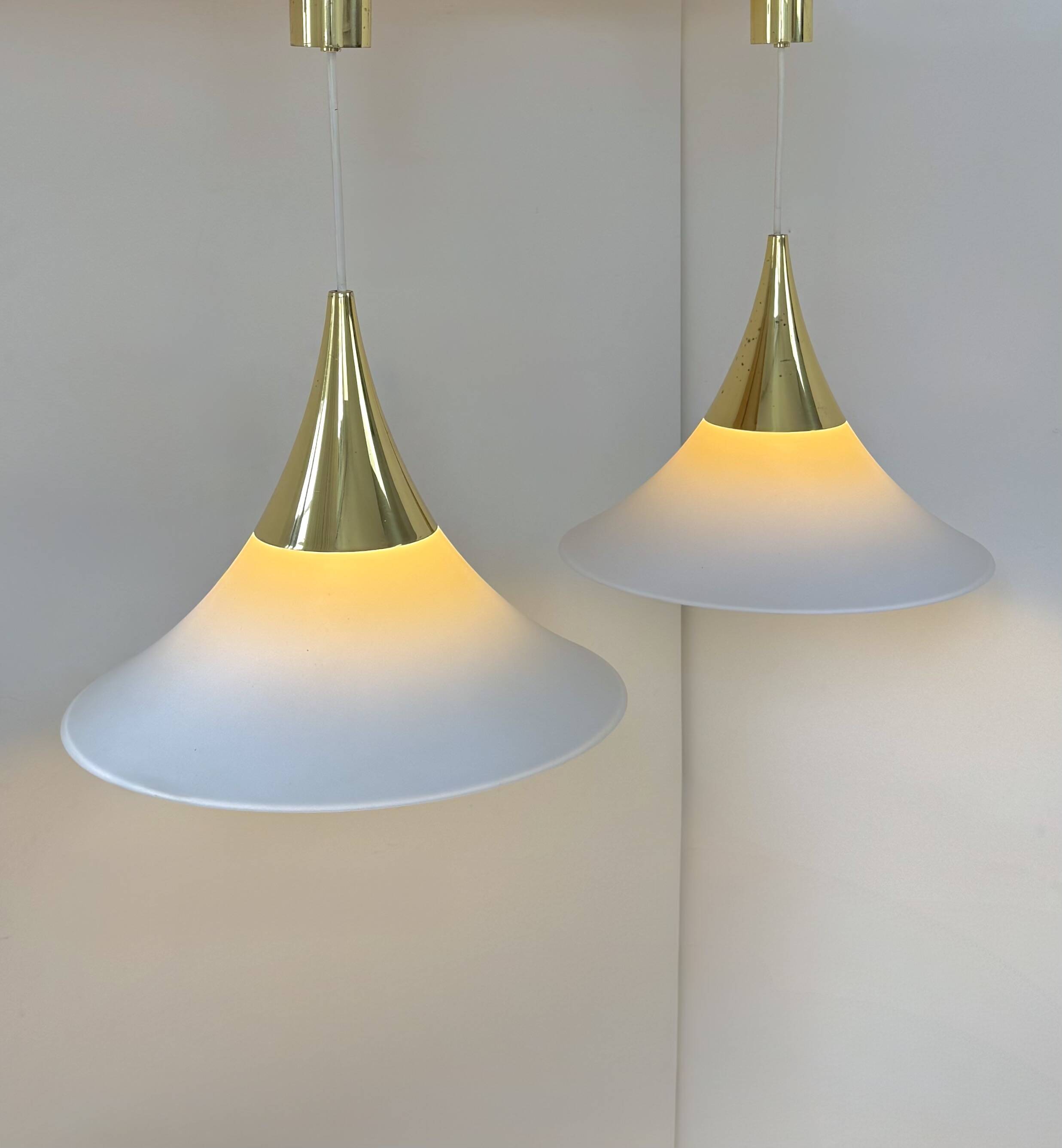 Vintage Limburg brass and opaline pendant lights, Germany, 1970.
