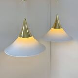 Vintage Limburg brass and opaline pendant lights, Germany, 1970.