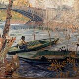 Tableau  : huile sur toile - paysage lacustre animé