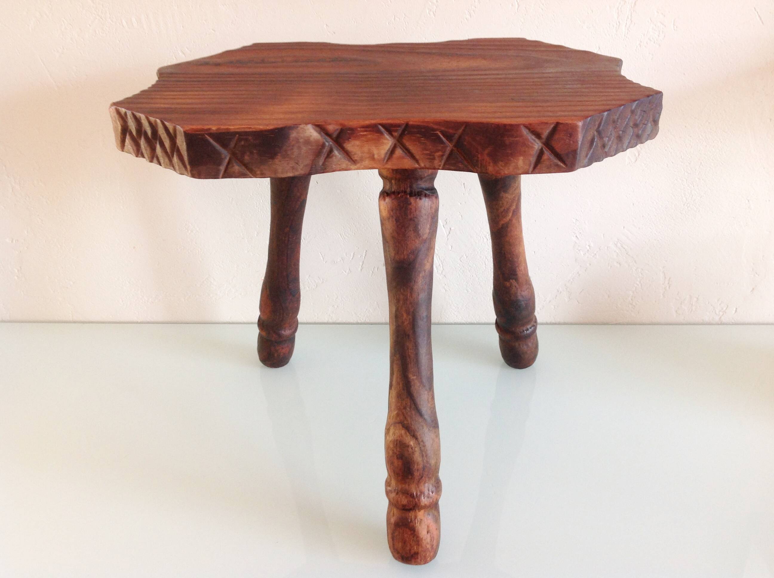 Vintage brutalist wooden tripod stool from the 60s and 70s