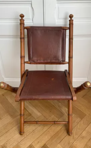Set of three folding officer chairs wood and leather
