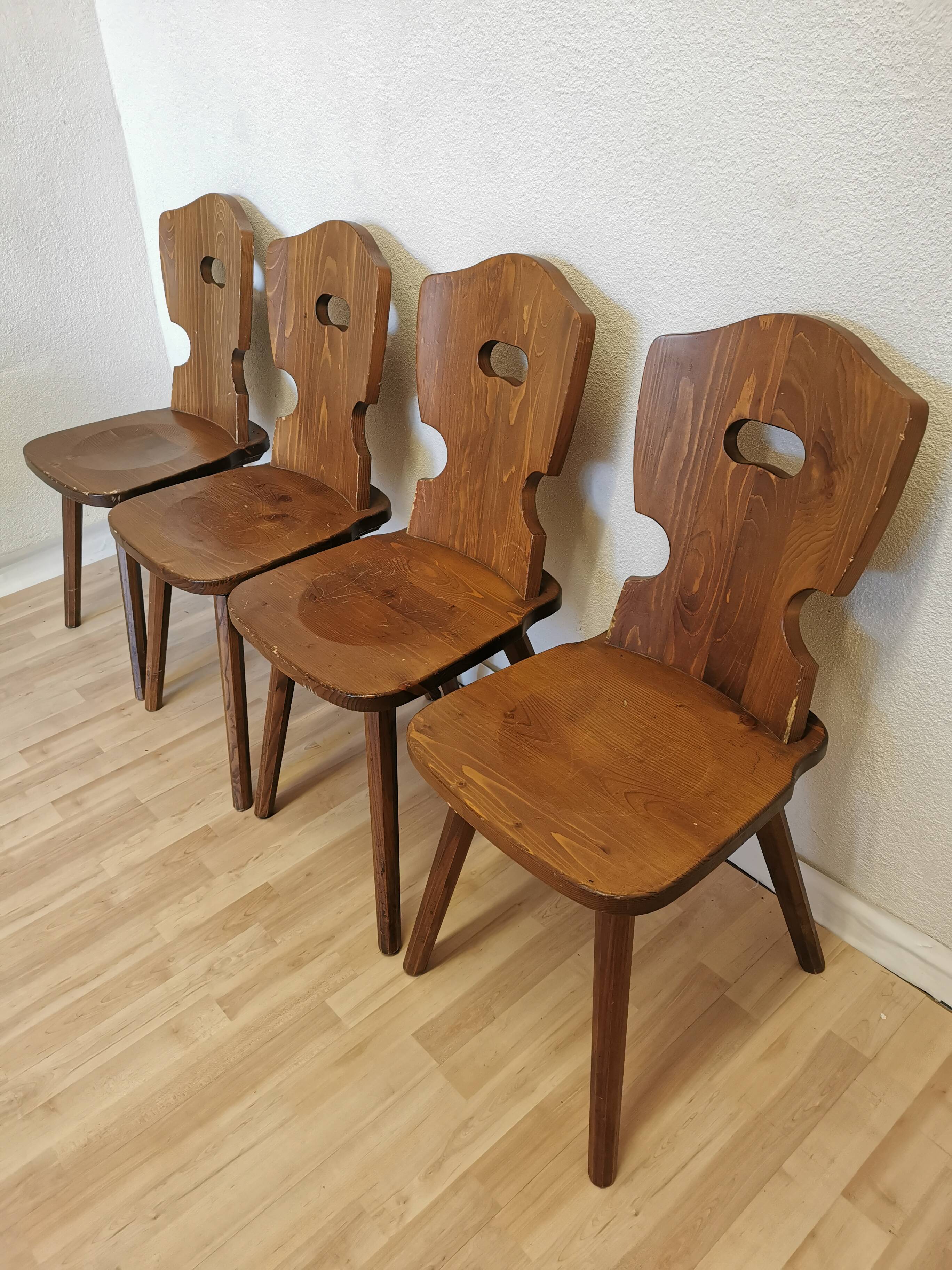 Vintage Tyrolean Wooden Dining Chairs - 1970s Farmhouse Style - Set of 4
