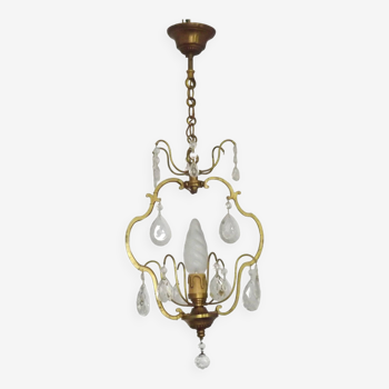 French Vintage Brass Single Light Cage Style Chandelier Crystal Droplets 4794