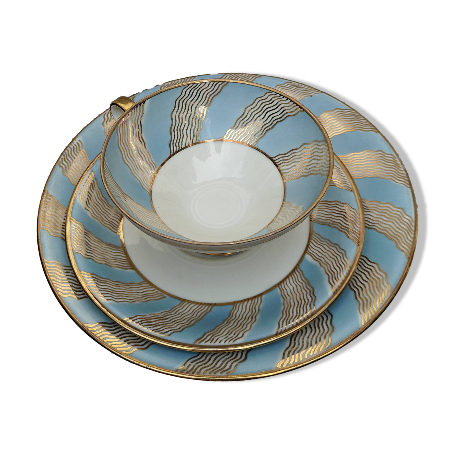 Vintage Bavaria ivory tea/coffee trio, sky blue & gold graphic waves.