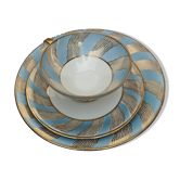 Trio à thé/café vintage Bavaria Elfenbein, vagues graphiques bleu ciel&or