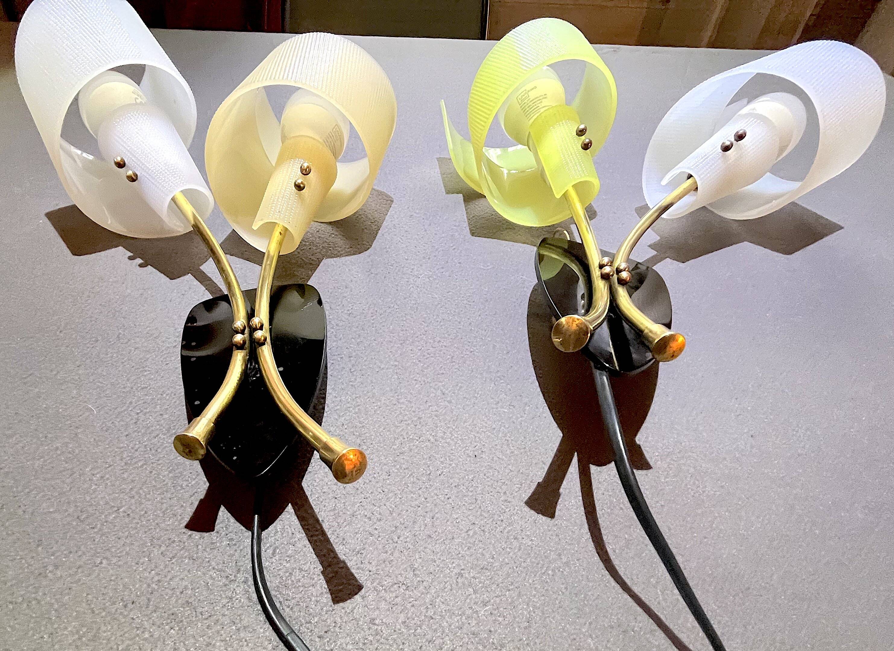 Pair of "vintage" wall lights in brass, perspex, and black bakelite, France Mid-Century