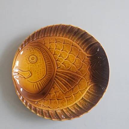 Lot de 4 assiettes plates à poisson céramique marron Digoin Sarreguemines