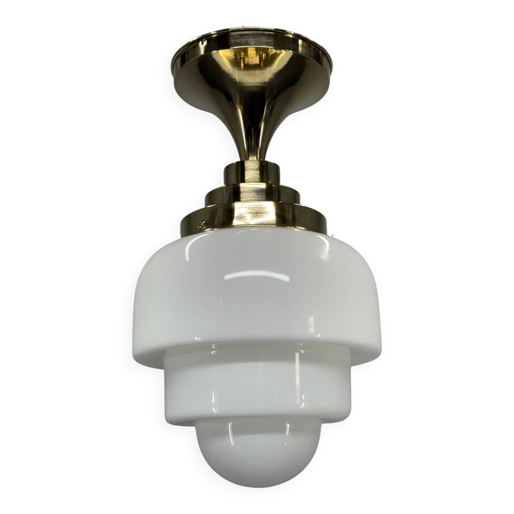 1930s Art Deco Brass and Opaline Glass Flush Mount, Czech