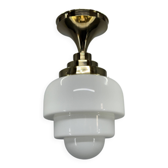 1930s Art Deco Brass and Opaline Glass Flush Mount, Czech