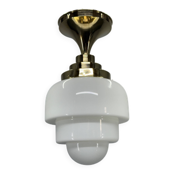 1930s Art Deco Brass and Opaline Glass Flush Mount, Czech