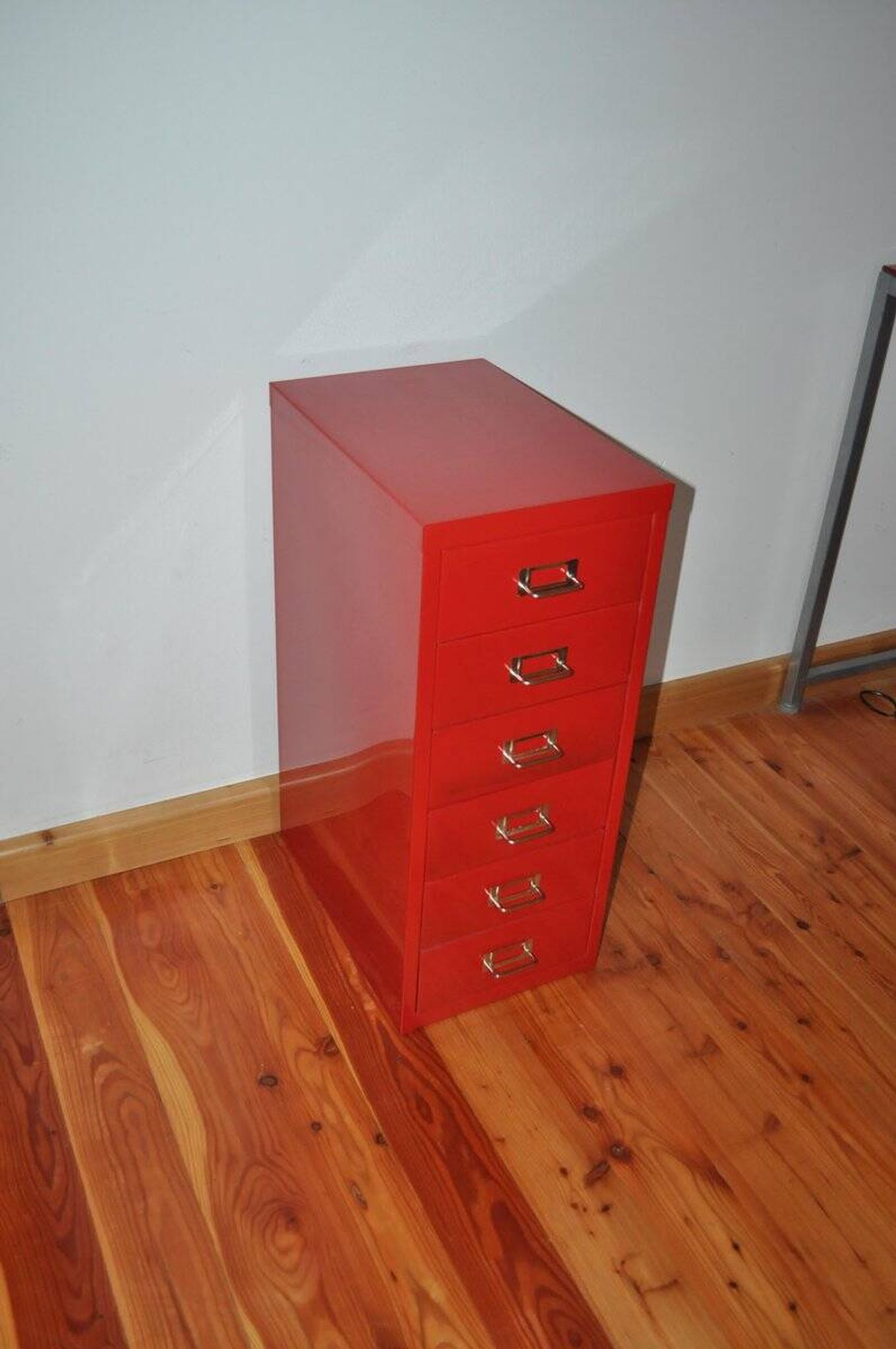 Purple industrial metal cabinet with six drawers, 1980s filing style.