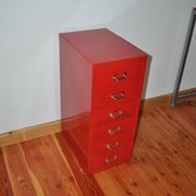 Purple industrial metal cabinet with six drawers, 1980s filing style.