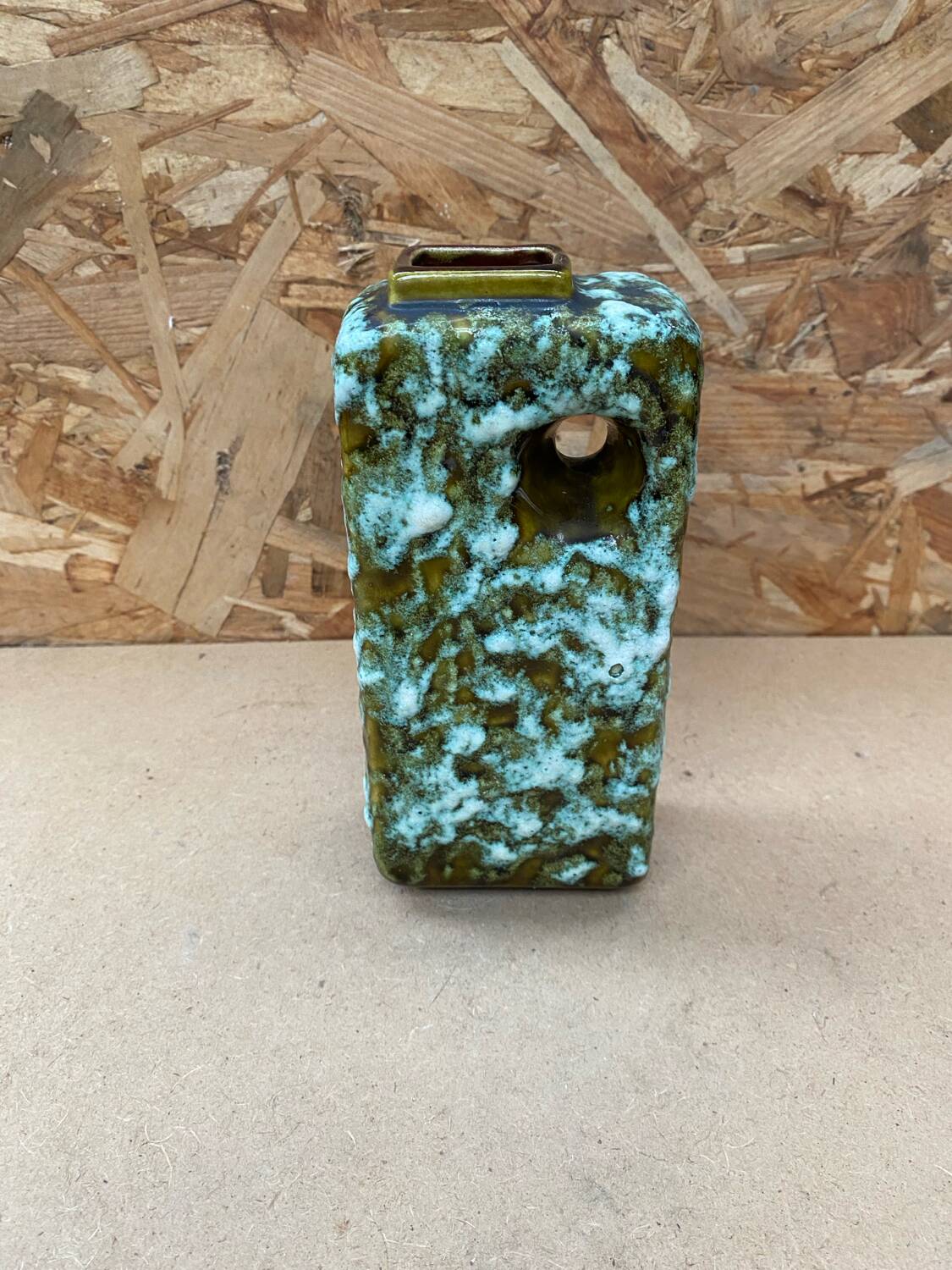 Ancien vase marei forme rectangle fat lava vert & blanc vintage