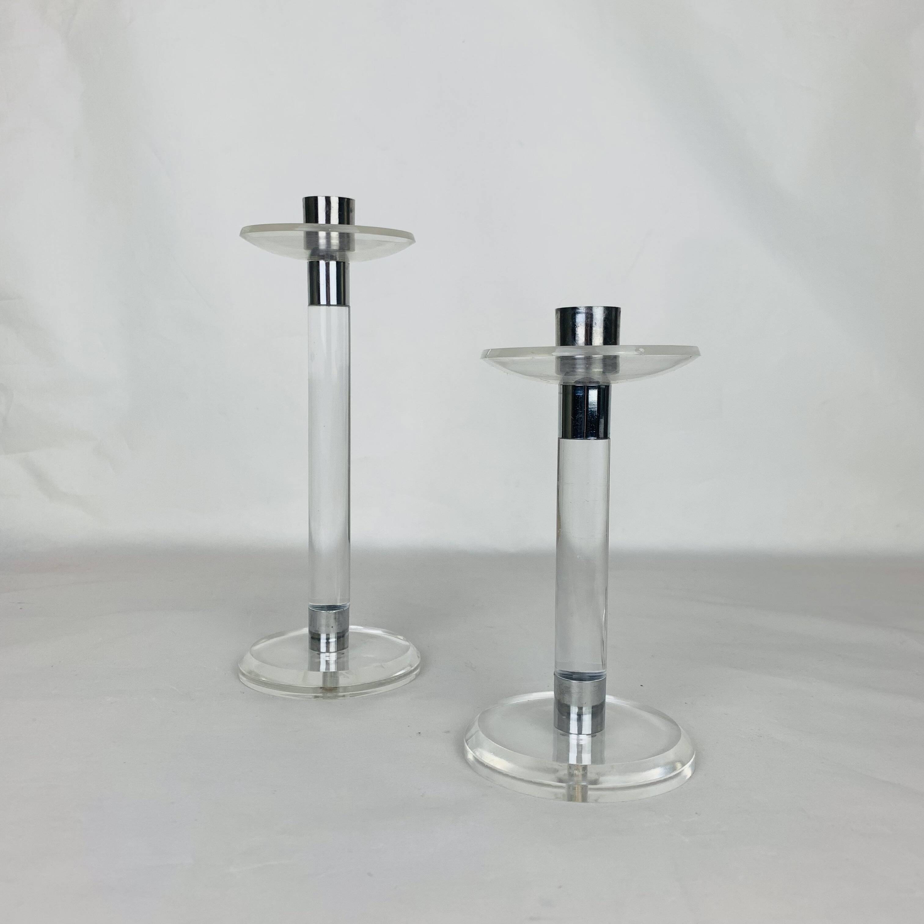 Pair of vintage plexiglass and chrome metal candlesticks
