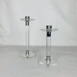 Pair of vintage plexiglass and chrome metal candlesticks