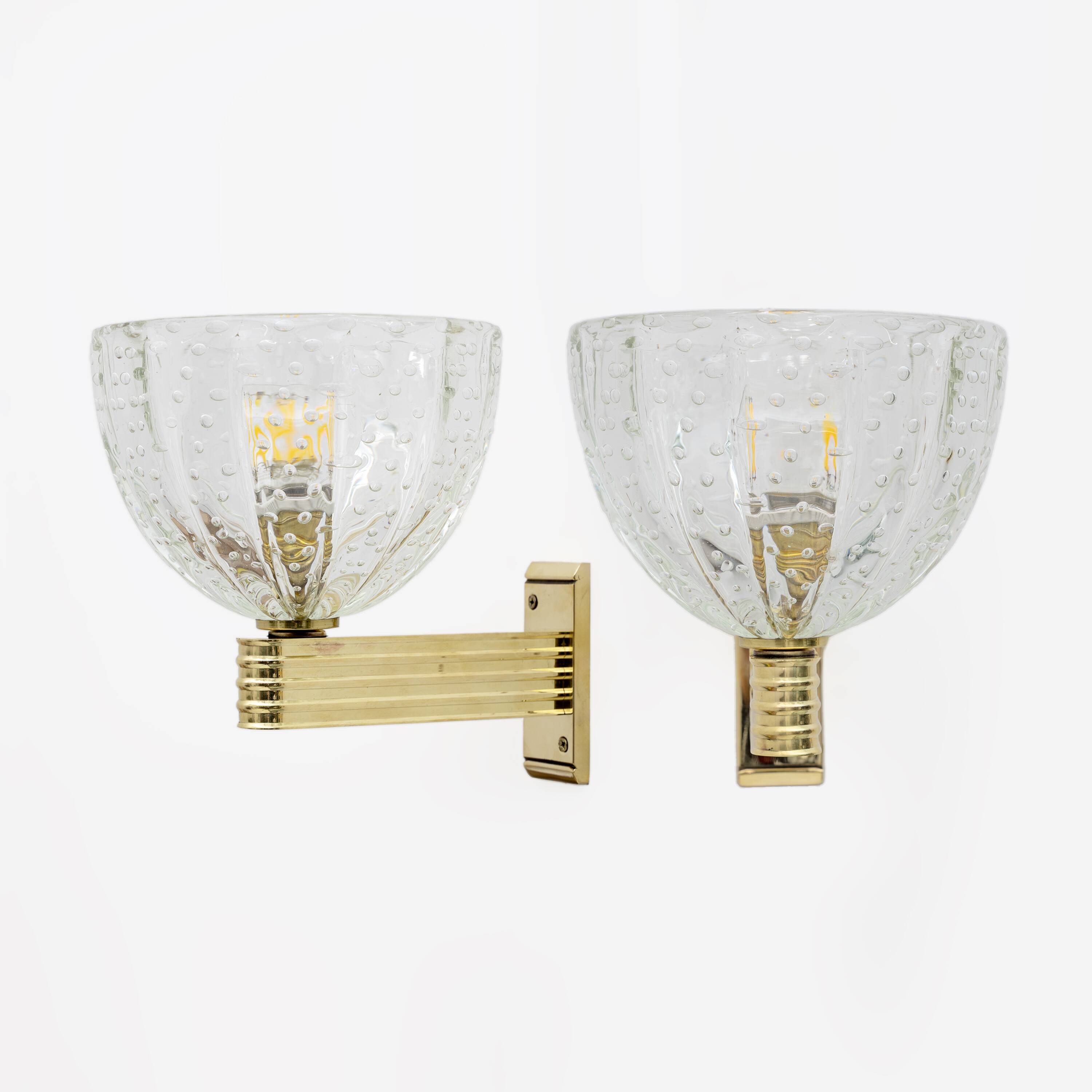 Attributed to Seguso Art Dèco Brass and "Pelugoso" Murano Glass Sconces, Pa