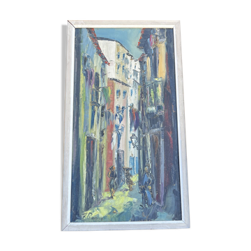 Signed Impressionist painting – Busy street scene
